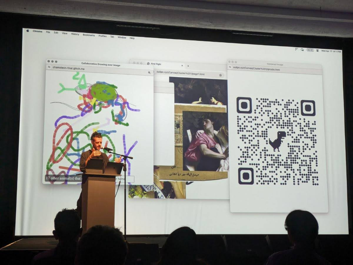 Halim Madi presenting Algorithm's Embrace, three browser windows projected behind him