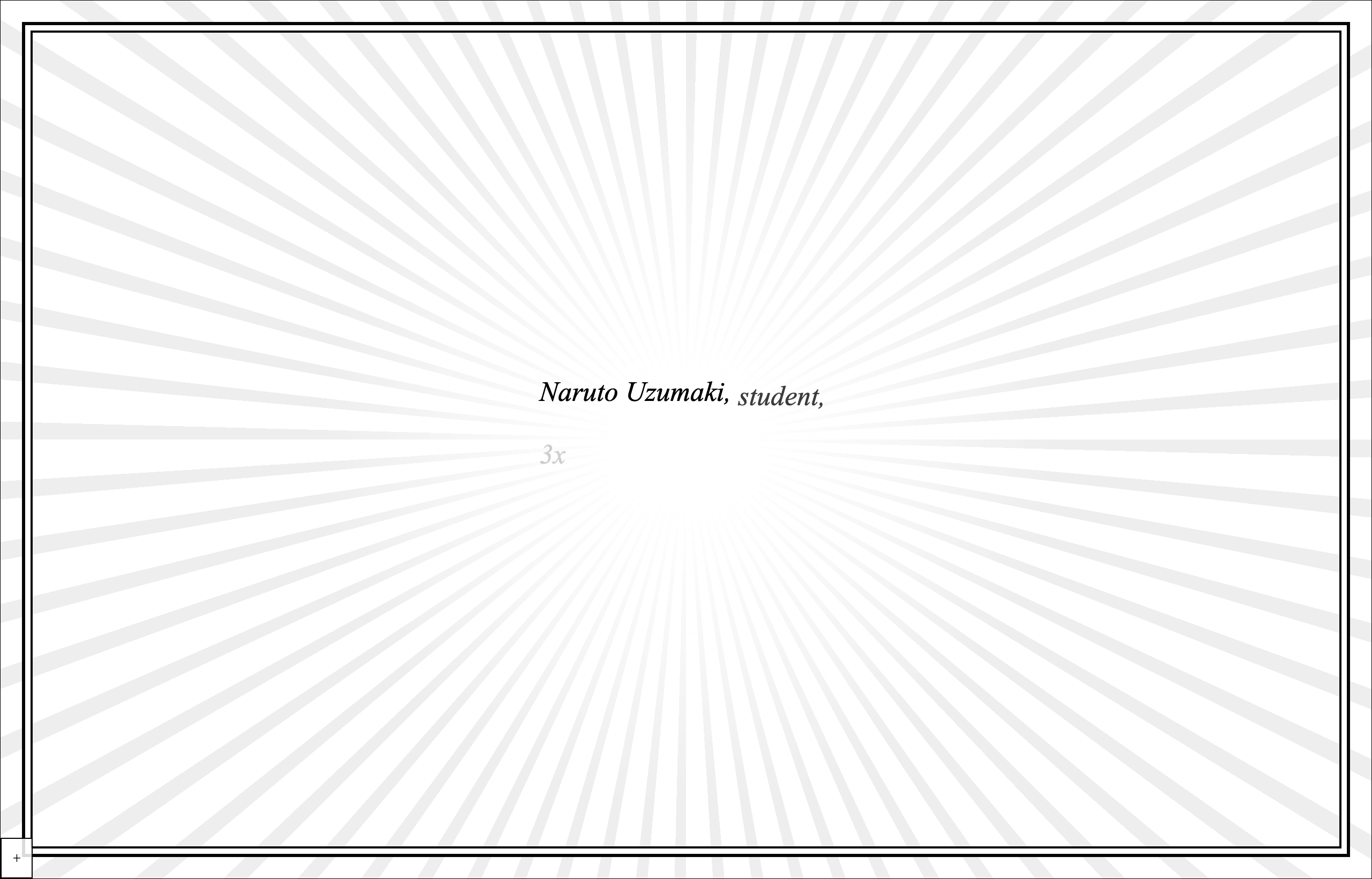 A scrollimation frame - Naruto Uzumaki, student, over a manga sunburst