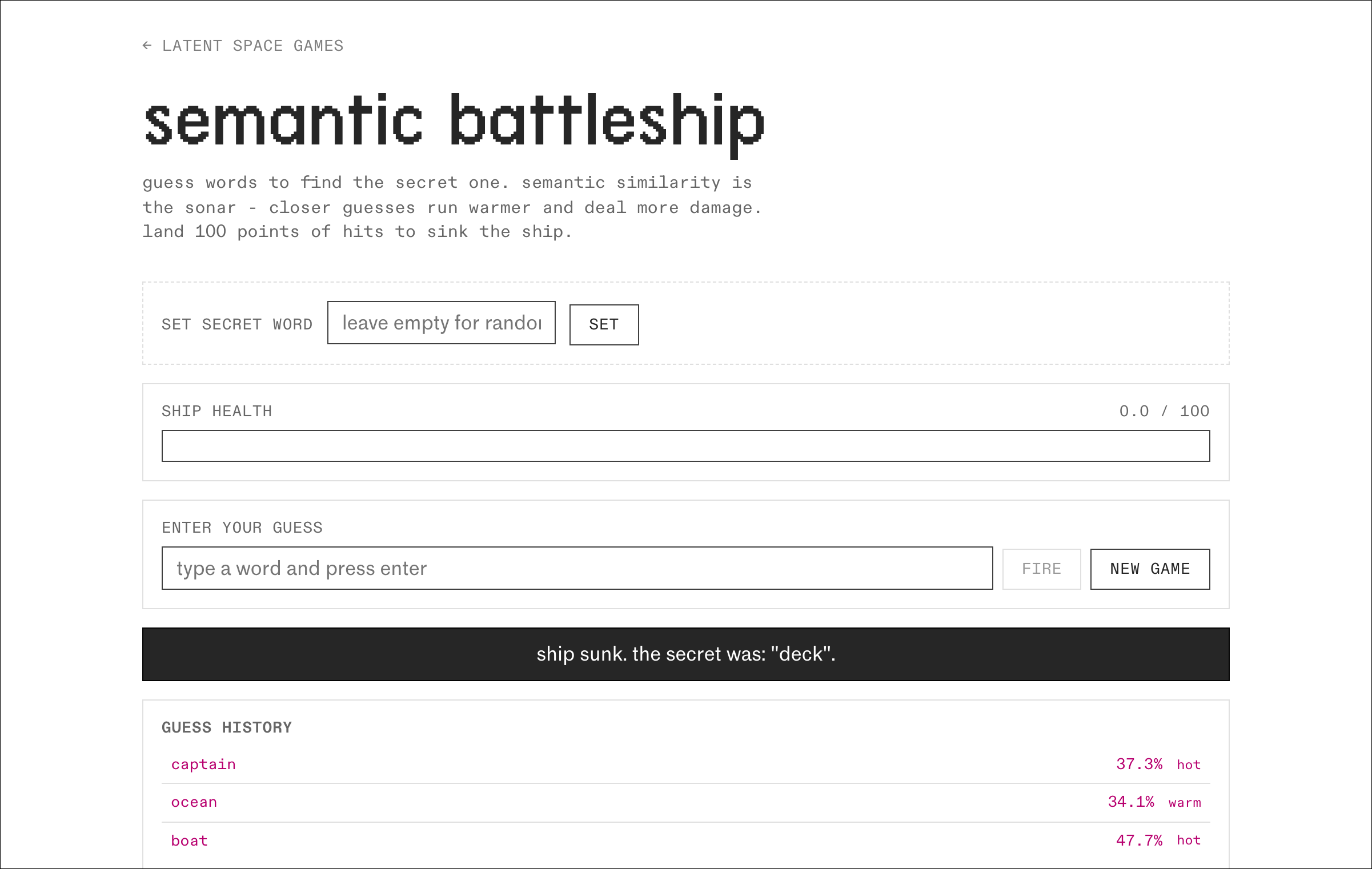 Semantic Battleship - the ship sunk, guess history showing captain, ocean, boat scored by warmth