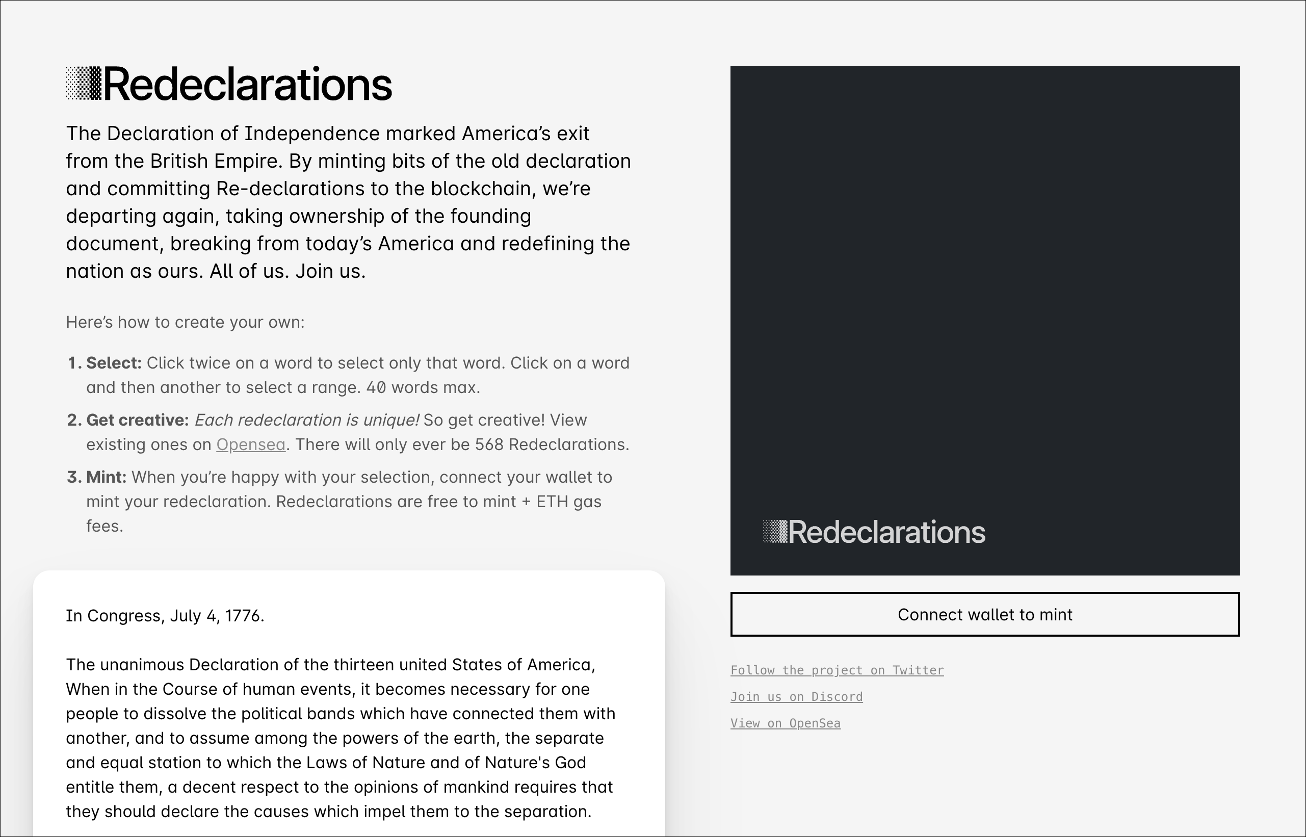 The Re/declarations interface - remix the Declaration and mint it on-chain
