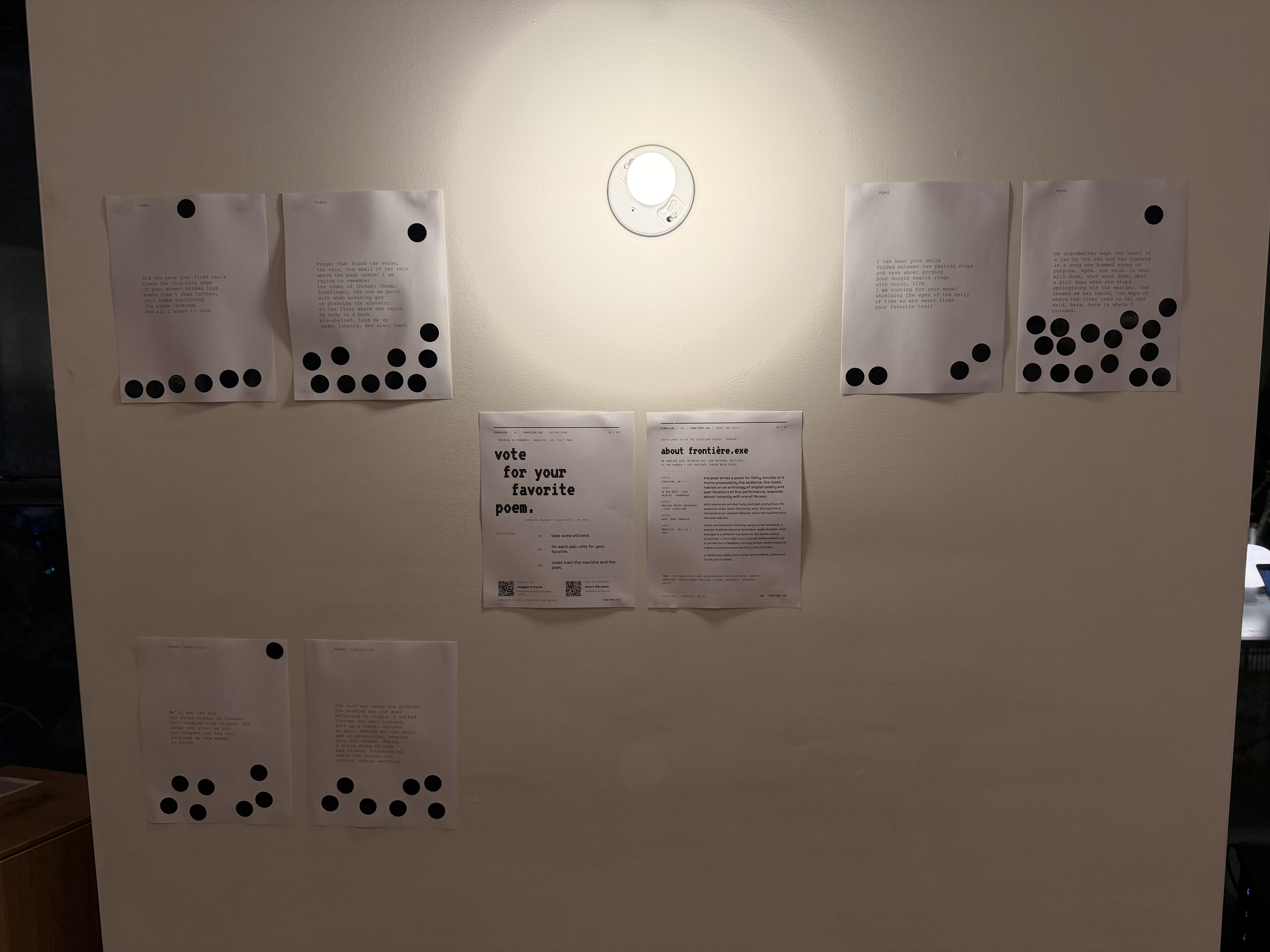 Side-by-side poem display, A and B, on the wall