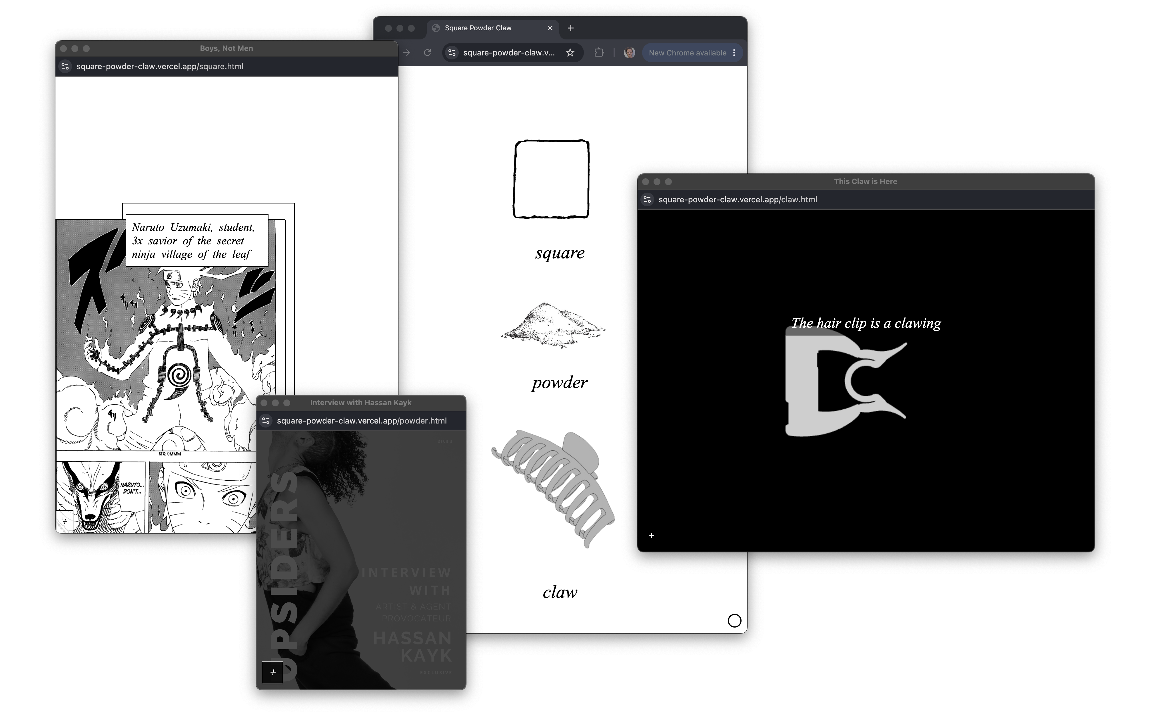 Square, Powder, Claw — the triptych screens: the manga square, the powder temple, and the hair-clip claw