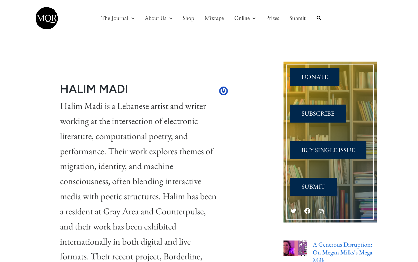 Halim Madi's author page on the Michigan Quarterly Review, where This Living Algorithm appears in the Fall 2025 Online Folio