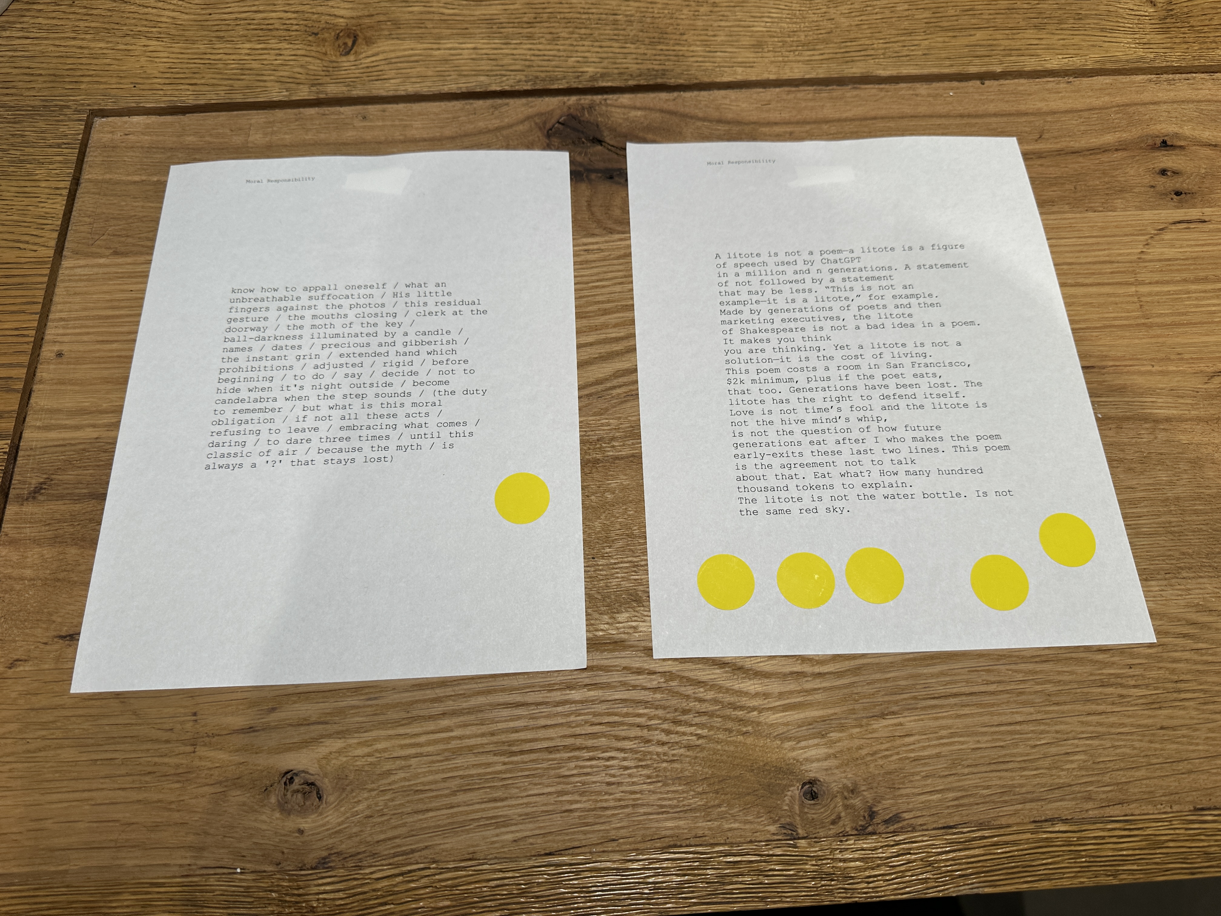 Close-up of a poem covered in voting stickers