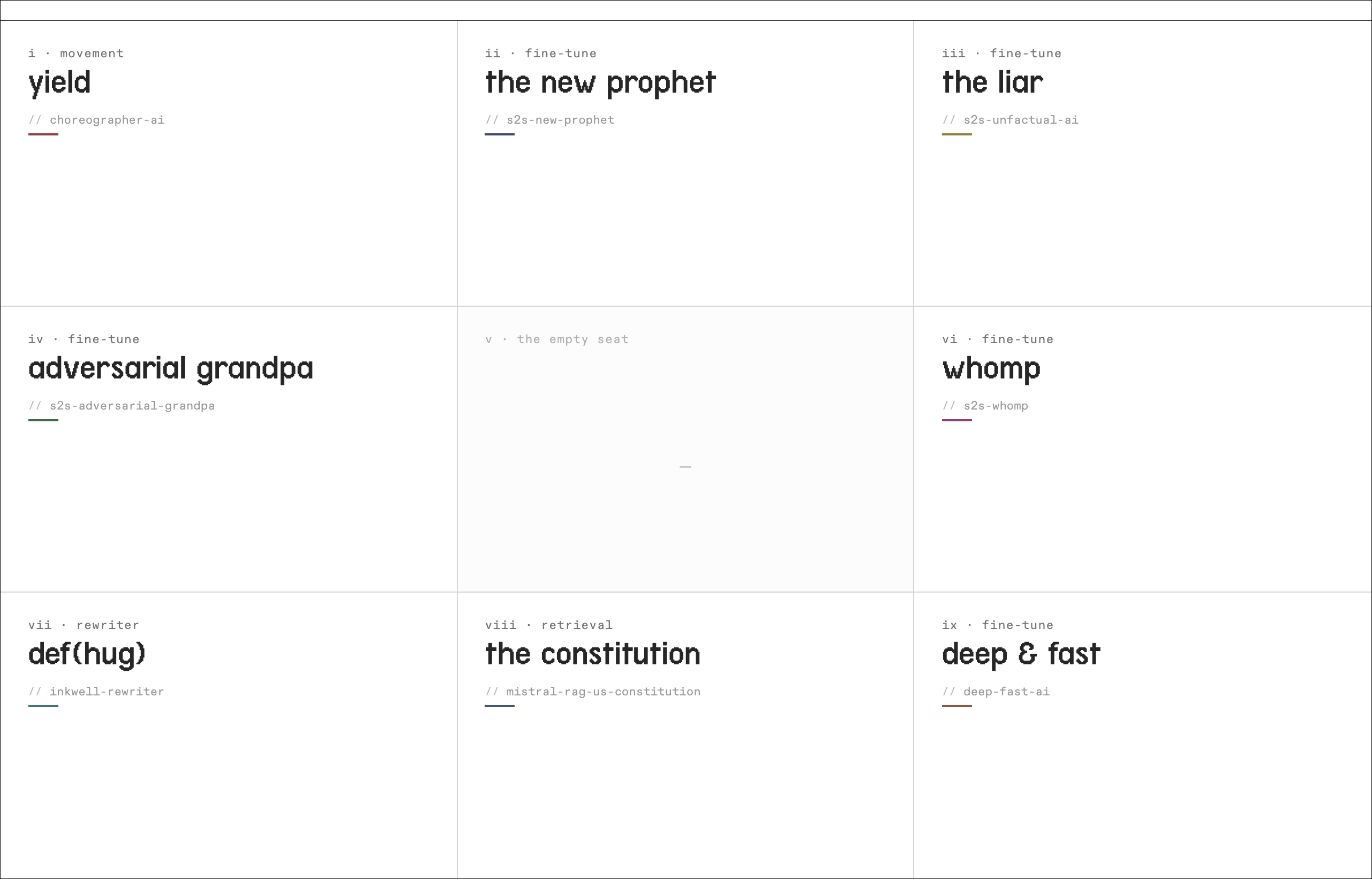 The chorus grid - yield, the new prophet, the liar, adversarial grandpa, the empty seat, whomp, def(hug), the constitution, deep and fast