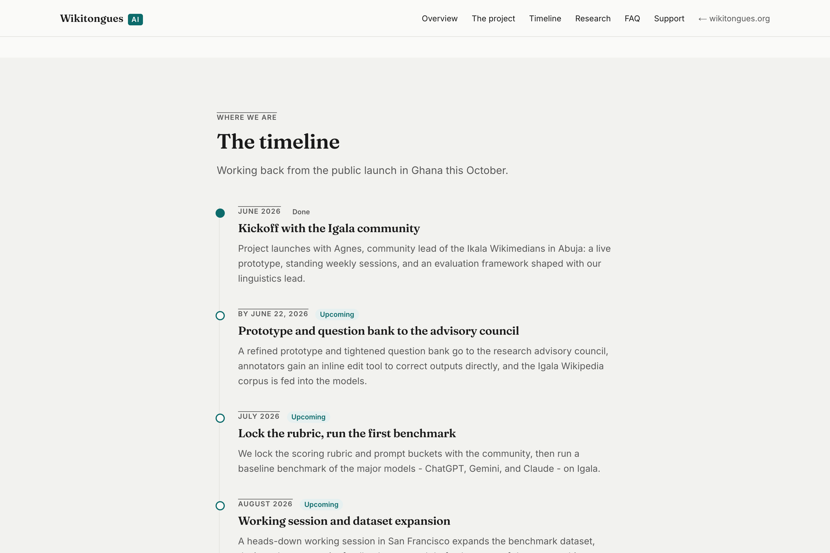 Wikitongues AI platform - the timeline view