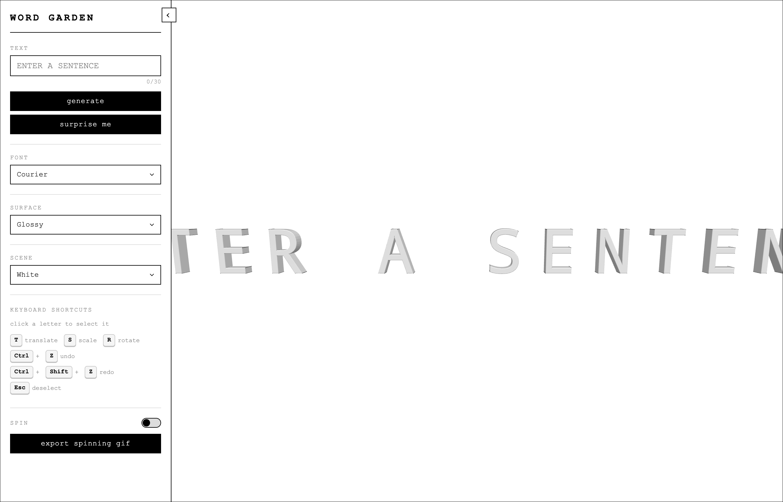 The Word Garden control panel and a sentence blooming into 3D letters
